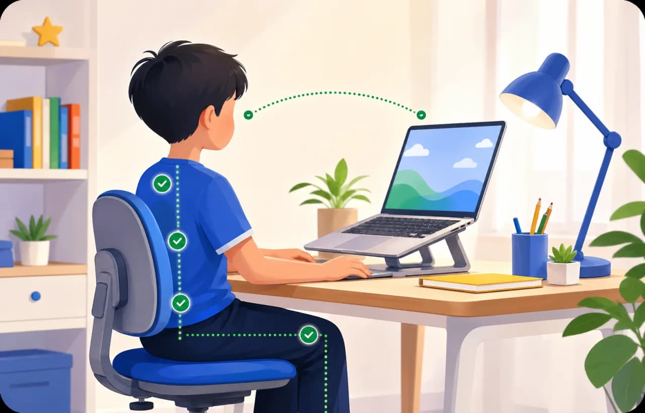 Minh hoạ Chocon nhắc trẻ nghỉ mắt và vận động nhẹ giữa các phiên học.